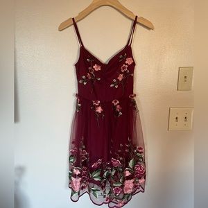Emerald Sundae Maroon Dress with Embroidered Flowers Size Small